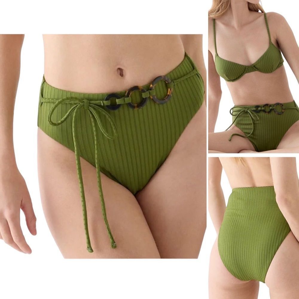 J Crew Wide Rib High Rise Belt Detail Canteen Green Bikini Bottom Sz S NWT